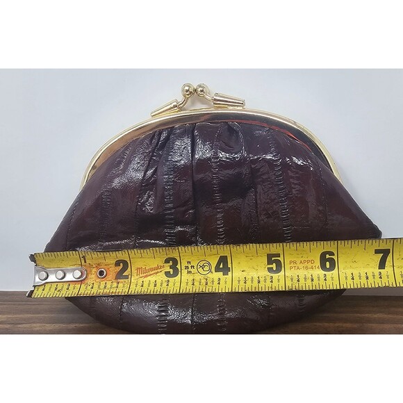 Vtg Eel Skin Leather Double Kiss Lock Brown Gold Coin Change Clutch Wallet 7x5.5 - Picture 13 of 14